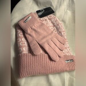 Bebe Soft Pink Logo Beanie and Gloves Set NWT